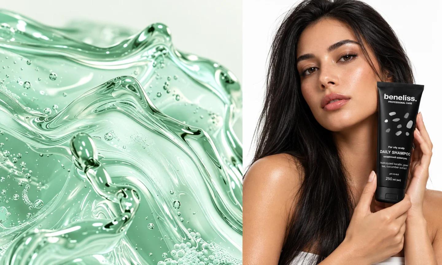 Модель із довгим темним волоссям тримає Beneliss Daily Shampoo біля щоки поруч із м’ятним гелем