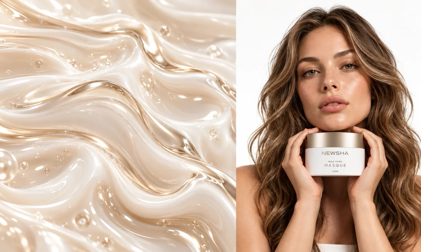 Модель із хвилястим русявим волоссям тримає баночку NEWSHA Mild Care Masque біля підборіддя поруч із перламутровою кремовою текстурою